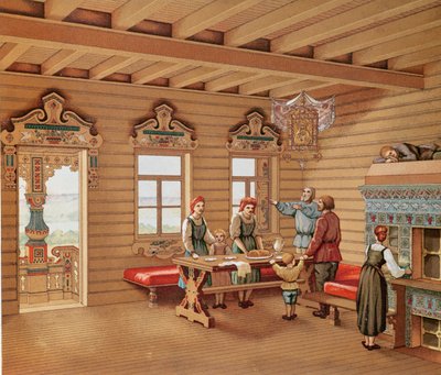 Interior idealizado de una izba rusa, c.1880 (grabado en color) de French School