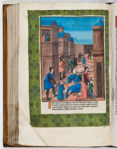 Revolución de los Idumeos contra Roma matando a los sumos sacerdotes Ananus y Jesús, 68 d.C. (impresión coloreada a mano) de French School