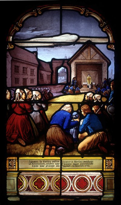 Ignace Le Garrec, vicario en Kerlaz durante la Revolución, celebra una última misa parroquial en un granero en Caouët, enero de 1793 - vidriera de la iglesia de San Germán en Kerlaz de French School