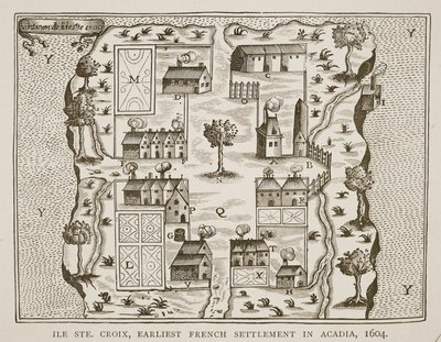 Ile Ste. Croix, el primer asentamiento francés en Acadia, 1604, de Viajes por Samuel de Champlain (c.1580-1635), 1613 de French School