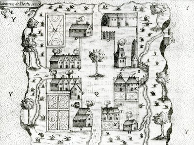 Ile Ste. Croix, el primer asentamiento francés en Acadia, 1604, de Viajes de Samuel de Champlain, 1613 de French School