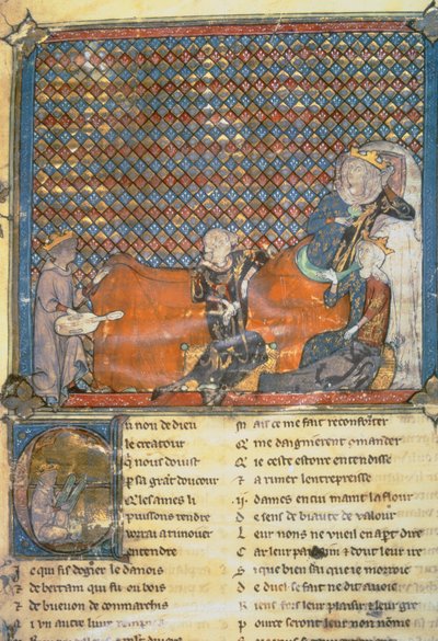 Página iluminada de una antología, mostrando de izquierda a derecha, Adenet le Roi, un juglar del duque Enrique; el conde Guy de Flandes; María, reina de Francia y esposa de Felipe el Atrevido (1342-1404); y Mada de French School