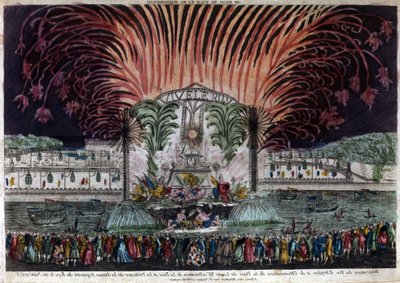 Iluminación y fuegos artificiales en la Place Louis XV en París con motivo de la paz y la inauguración de la estatua ecuestre del rey el 22 de junio de 1763. Colección privada de French School