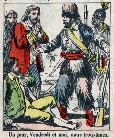 Ilustración para el libro de Daniel Defoe "Robinson Crusoe". Imagen de Épinal de finales del siglo XIX. de French School