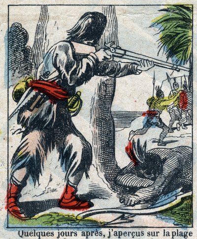 Ilustración para el libro de Daniel Defoe "Robinson Crusoe". Imágenes de Épinal finales del siglo XIX. de French School