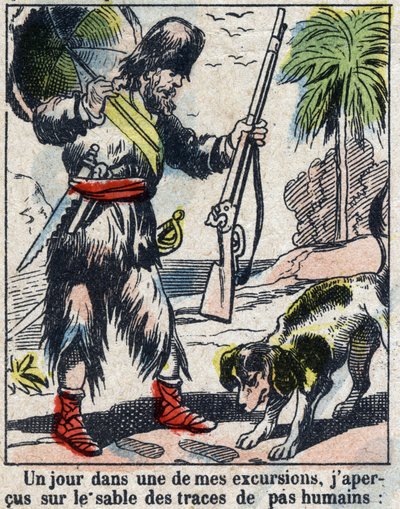 Ilustración para el libro de Daniel Defoe "Robinson Crusoe". Imágenes de Épinal finales del siglo XIX. de French School