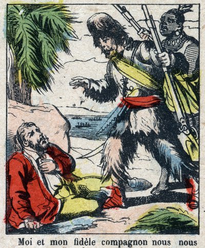 Ilustración para el libro de Daniel Defoe “Robinson Crusoe”. Imagen de Epinal de finales del siglo XIX. de French School