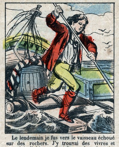 Ilustración para el libro de Daniel Defoe “Robinson Crusoe”. Imágenes de Epinal de finales del siglo XIX de French School
