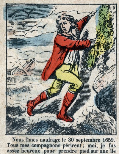 Ilustración para el libro de Daniel Defoe "Robinson Crusoe". Imagen de Épinal de finales del siglo XIX. de French School