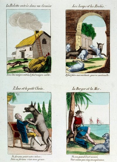 Tablero de ilustración para las fábulas de Jean de La Fontaine: comadreja en un ático, lobos y ovejas, burro y perro, pastor y mar. Grabado de French School