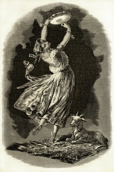 Ilustración para "Notre-Dame de París" de Victor Hugo: Esmeralda baila tocando la pandereta junto a su cabra, principios del siglo XX (litografía) de French School