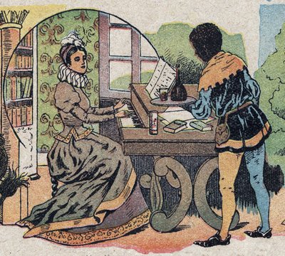 Ilustración para el cuento “La Bella y la Bestia”: estaba rodeada de atenciones. Grabado de Quinn, circa 1890. de French School