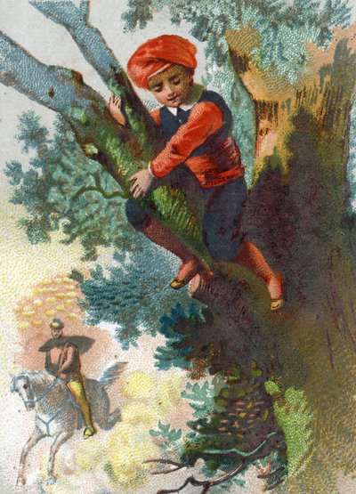 Ilustración para los Cuentos de las Mil y Una Noches. Alí Babá viendo una tropa de ladrones viniendo desde lejos en el bosque se esconde en un árbol de French School