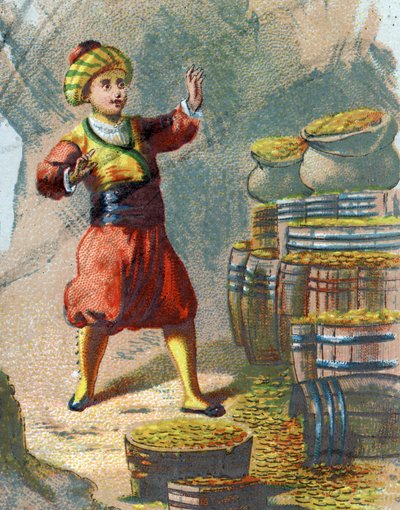 Ilustración para los Cuentos de las Mil y Una Noches. Alí Babá entra en la roca, diciendo, Sésamo ábrete y ve barriles de oro. Cromolitografía alrededor de 1890 de French School