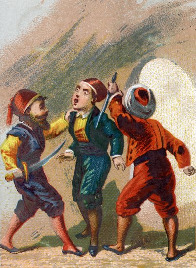 Ilustración para los Cuentos de las Mil y Una Noches. Cassim celoso de Alí Babá también va a la cueva pero olvida la palabra para salir y es asesinado por los ladrones de French School