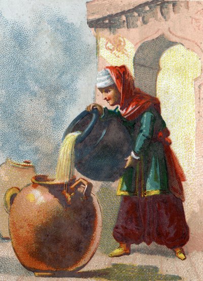 Ilustración para los Cuentos de las Mil y Una Noches. Morgiana, esclava de Alí Babá, al darse cuenta de que los jarrones contenían ladrones, les quitó la vida vertiendo aceite hirviendo en cada recipiente. Cromolitografía alrededor de 1890 de French School