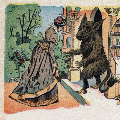 Ilustración para el cuento "La Bella y la Bestia": la bella llega al castillo de la Bestia. Grabado de la imaginería de Quinn, circa 1890 de French School