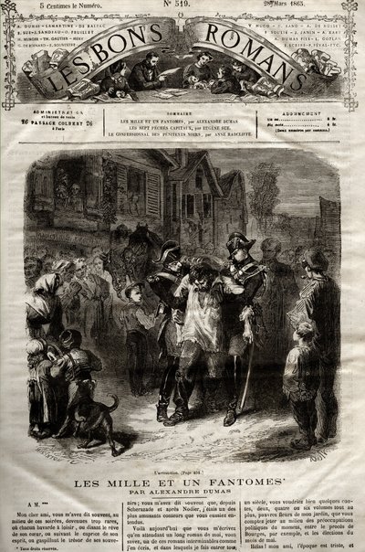 Ilustración de la novela “Los Mil Fantasmas” por Alexandre Dumas padre aparecida en “Los Buenos Romances” del 28/03/1865 de French School