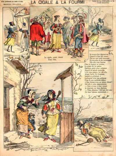 Ilustración de las Fábulas de La Fontaine La cigarra y la hormiga, grabado, c. 1890 de French School
