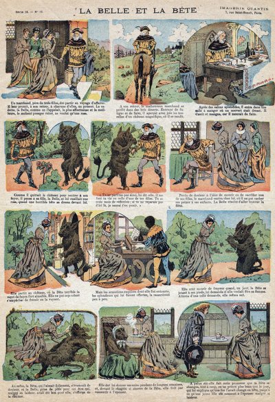 Ilustración del cuento "La Bella y la Bestia". Grabado de la imaginería de Quinn, circa 1890 de French School