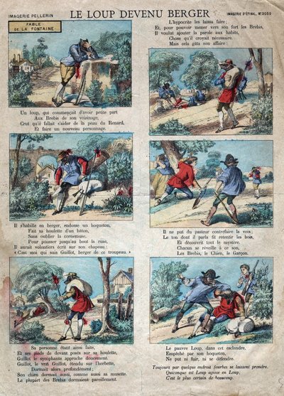 Ilustración de la fábula de Jean de la Fontaine (1621-1695): el lobo se convirtió en pastor. Imagen de Épinal de finales del siglo XIX. de French School