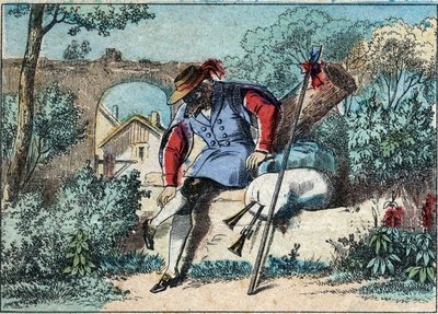Ilustración de la fábula de Jean de la Fontaine (1621-1695): el lobo se convirtió en pastor. Imagen de Épinal de finales del siglo XIX. de French School