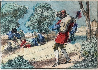 Ilustración de la fábula de Jean de la Fontaine (1621-1695): el lobo se convirtió en pastor. Imagen de Épinal de finales del siglo XIX. de French School
