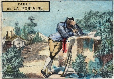 Ilustración de la fábula de Jean de la Fontaine (1621-1695): el lobo se convirtió en pastor. Imágenes de Epinal de finales del siglo XIX. de French School