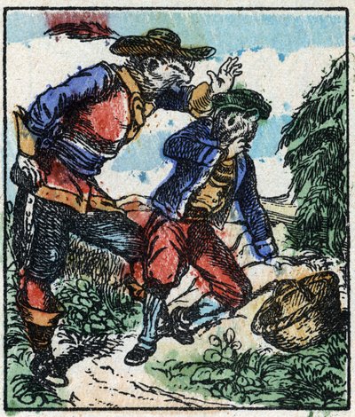Ilustración del cuento "Raminagrobis y los ratones". Grabado en madera de Imaging Pellerin - Epinal, sd. Finales del siglo XIX. de French School