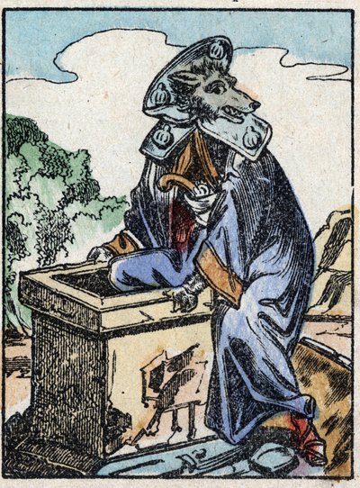 Ilustración del cuento "El lobo, la cabra y los siete cabritos" Grabado en madera de Imaging Pellerin - Epinal, sd. Finales del siglo XIX. de French School