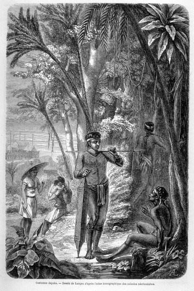 Ilustración publicada en la edición de 1862 de "Le Tour du monde" que representa a un dayak residente en la isla de Borneo. Grabado. de French School