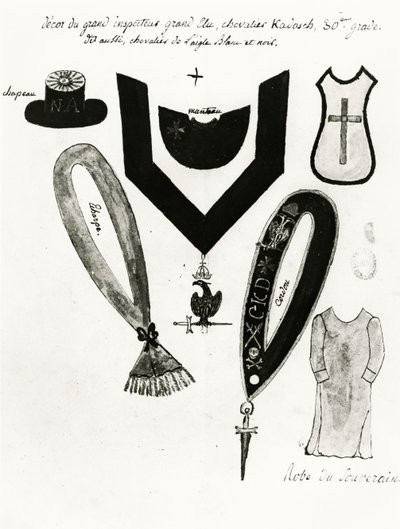 Ilustraciones de insignias y vestimenta masónica del Caballero Kadosh, 30º Grado, en el Rito Escocés de la Masonería, 1813 de French School