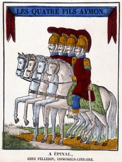 Imagen de Epinal de 1825 que representa "Los cuatro hijos Aymon", poema épico anónimo de finales del siglo XIII. de French School