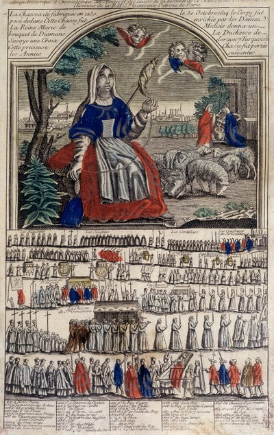 Imagen de Epinal en Sainte Geneviève, Patrona de París. Grabado del siglo XIX. Museo de Notre Dame de París. de French School