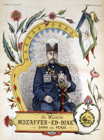 Imagen de epinal, Mozaffer ed dine (Mozaffer-ed-dine, Mozzafar-al-Din, Mozzafar al Din, Mozaffaredin) shah de Persia de 1896 a 1906 de French School