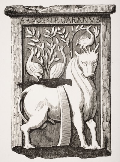 Imagen del Santo Buey monumento celta encontrado bajo el coro de la Catedral de Notre Dame en París en 1711, de Le Moyen Age et La Renaissance de Paul Lacroix (1806-84) publicado en 1847 de French School