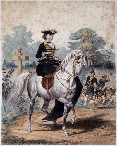 Emperatriz Eugenia en traje de caza. Grabado anónimo, s.d. c. 1860 de French School