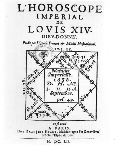 Horóscopo imperial de Luis XIV (1638-1715) por Michel Nostradamus (1503-66) publicado por François Huart en París 1652 de French School