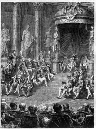 Sesión imperial en el Senado: discurso de Napoleón sobre la constitución del nuevo reino de Italia en 1805 - en “Historia del imperio en continuación a la historia del consulado” por Adolphe Thiers - 1879 - colección privada de French School