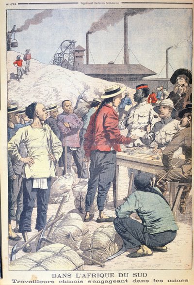 Importación de trabajadores chinos para trabajar en las minas de oro de Sudáfrica en 1904, ilustración de Le Petit Journal, 1904 de French School