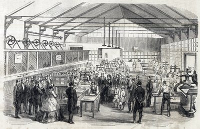 La emperatriz Eugenia y el Príncipe Imperial visitan el Banco de Francia, 23 de junio de 1866 - impresión de billetes - grabado en Le MONDE Illustre DU 07/07/1866 de French School
