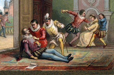 En 1589, el monje Jacques Clement asesinó al Rey Enrique III con una puñalada después de haberle hecho leer una carta. El rey murió en los brazos de Enrique de Navarra. Cromolitografía alrededor de 1890. de French School