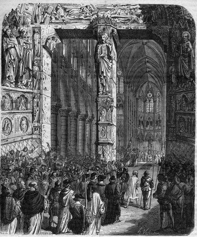 En Canossa, el Emperador Enrique IV del Sacro Imperio Romano (1050 - 1106) con vestimenta penitente implora el perdón del Papa Gregorio VII (Hildebrando: 1015/20 - 1085) haciendo enmiendas honorables. Crímenes de la Reina Rey y Emperadores a través de los  de French School