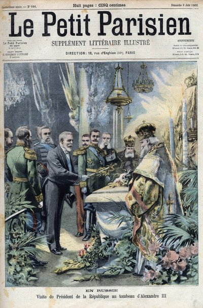 En Rusia: visita del Presidente Émile Loubet (1838-1929) a la tumba de Alejandro III (1845-1894), Emperador de Rusia, en "Le Petit Parisien" de French School