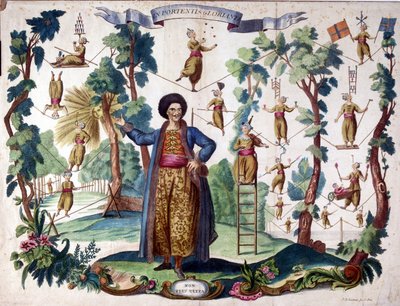 En gloriosos portentos el artista circense turco Mohammed Achmed Vizaro Mussulmo se representa como un caminante detrás. Imagen de Epinal del siglo XIX. Grabado de French School