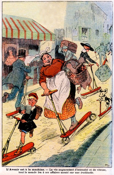 En el futuro, la vida aumentando en intensidad y velocidad, todos irán a sus negocios en un scooter. 1919 (grabado) de French School