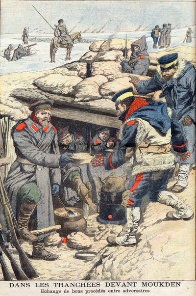 En las trincheras antes de Mukden, Guerra Ruso-Japonesa. Tropas japonesas y rusas intercambiando comida y bebida. En la trinchera frente a Mukden. Intercambio de buenos procesos entre oponentes. Ilustración para Le petit Journal, 22 de enero de 1905. de French School