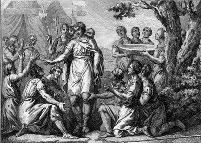 Inauguración de Faramundo (siglo V): consagración del rey de los Francos Faramundo (o Faramun o Faramund o Paramund). Grabado del siglo XVIII. de French School