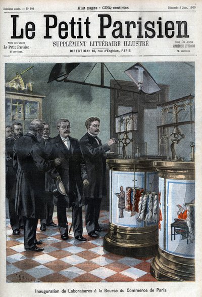 Inauguración de laboratorios en la bolsa de comercio: el Sr. Masson, presidente de la Cámara de Comercio de París, presenta al Ministro de Comercio Millerand los nuevos locales para la condición de cerdas y lanas y el laboratorio para pruebas de papel. de French School