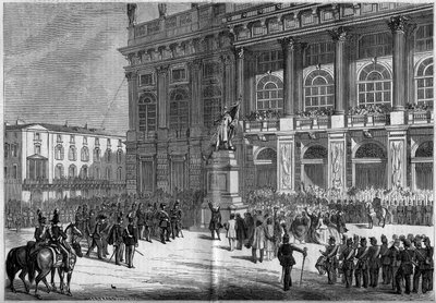Inauguración del monumento sardo por Vincenzo Vela (1820-1891), en la Plaza del Castillo en Turín (Italia) el 10 de abril de 1859. Detrás de la estatua está el "Palazzo Madama". Basado en los bocetos del Sr. Ferry. Grabado en "Le Monde Illustré" n°106 del  de French School